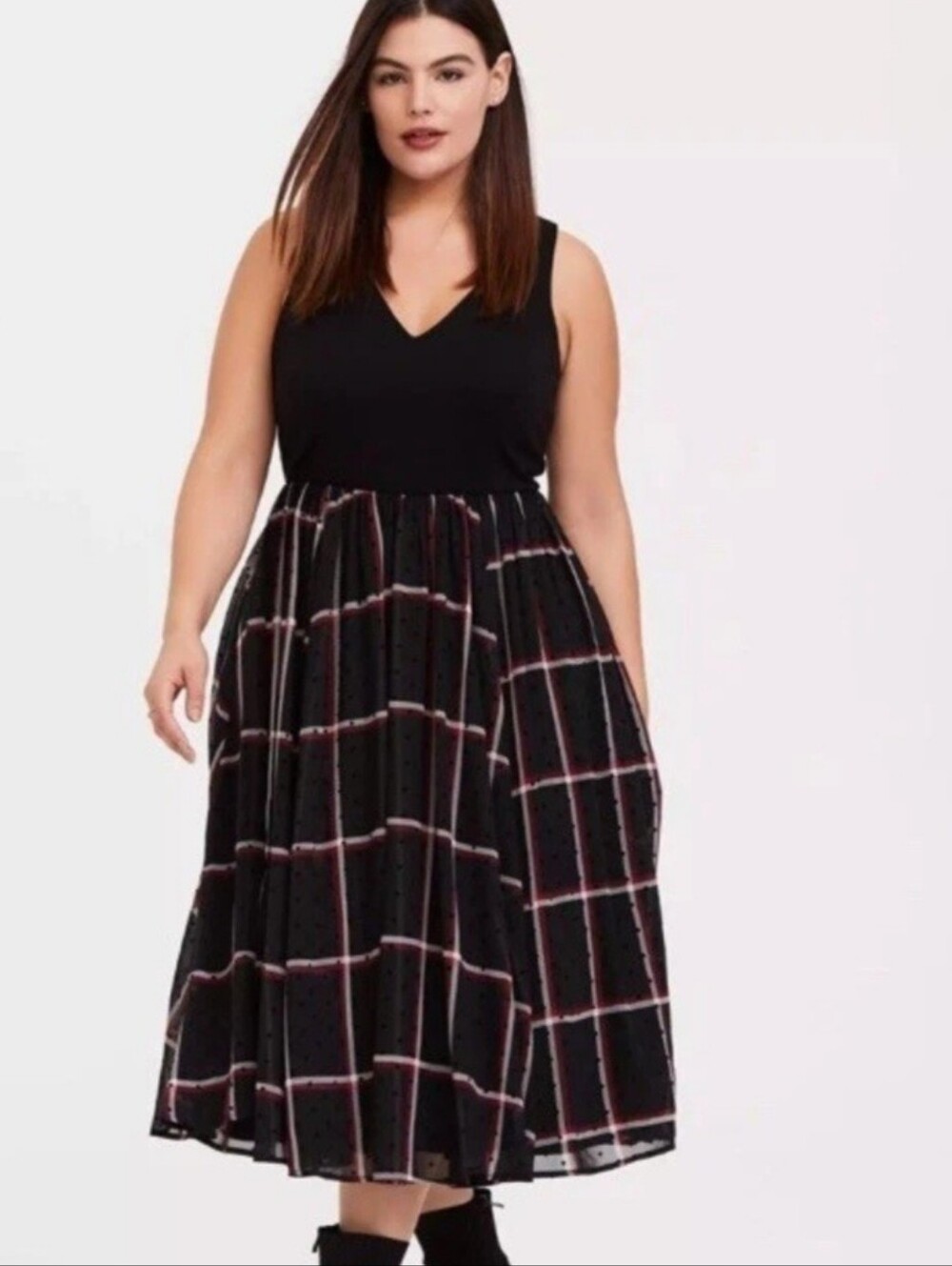 Torrid Black Red Plaid Chiffon Midi Skater Dress